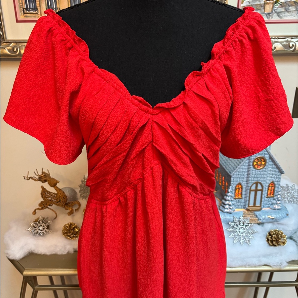 Sofia by Sofia Vergara Vibrant Red Maxi Dress On Off Shoulder Ruffle Trim Size L - Picture 3 of 11